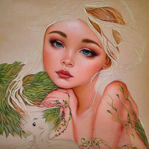 fantasy portrait,dryad,faery,fantasy art,faerie,girl with tree,mystical portrait of a girl,water nymph,boho art,oil painting on canvas,mermaid,mother nature,fae,siren,digital art,mother earth,oil painting,digital artwork,faun,fairy tale character,Illustration,Abstract Fantasy,Abstract Fantasy 10