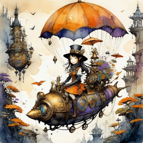 steampunk,airships,airship,hatter,steampunk gears,mary poppins,baron munchausen,velocipede,flying machine,alice in wonderland,clockmaker,witch driving a car,ringmaster,parasols,caravel,game illustration,halloween witch,cover,air ship,hamelin,Conceptual Art,Daily,Daily 32