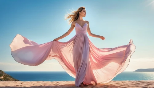 girl in a long dress,girl on the dune,gracefulness,girl in a long dress from the back,long dress,evening dress,celtic woman,femininity,fringed pink,drape,aphrodite,divine healing energy,overskirt,sun bride,sea breeze,gold-pink earthy colors,women fashion,light pink,day dress,robe,Photography,General,Realistic