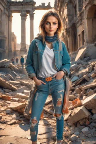 jeans background,denim background,ruin,ruins,post apocalyptic,photo session in torn clothes,fori imperiali,digital compositing,girl in a historic way,rubble,destroyed city,stone background,young model istanbul,concrete background,girl in overalls,portrait background,city ​​portrait,image manipulation,hdr,photoshop manipulation,Photography,Realistic