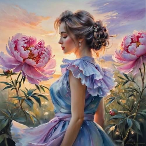 girl in flowers,flower painting,oil painting,oil painting on canvas,romantic portrait,splendor of flowers,girl picking flowers,flower girl,flower fairy,carnations,pink carnations,art painting,girl in the garden,camellias,scent of roses,flora,flower art,beautiful girl with flowers,peony,peonies,Illustration,Paper based,Paper Based 11