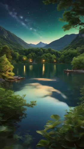 landscape background,lake tanuki,evening lake,fantasy landscape,moonlit night,japan landscape,green landscape,night scene,dusk background,beautiful lake,world digital painting,mountainlake,clear night,calm water,pond,river landscape,cartoon video game background,the night of kupala,nightscape,waterscape,Photography,General,Natural