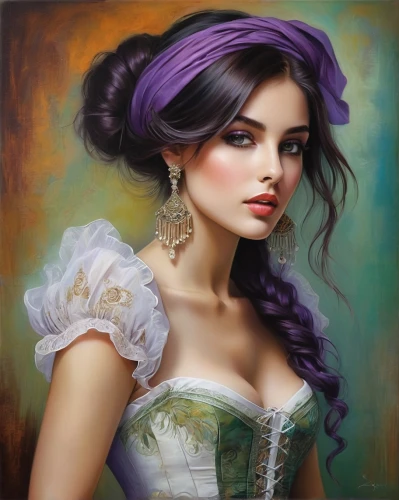 romantic portrait,victorian lady,fantasy art,fantasy portrait,art painting,mystical portrait of a girl,young woman,la violetta,fairy tale character,purple rose,oil painting on canvas,girl portrait,gothic portrait,italian painter,oil painting,comely,portrait of a girl,purple lilac,rapunzel,romantic look,Conceptual Art,Daily,Daily 32