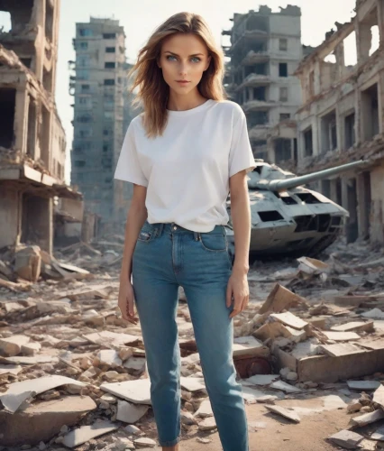 photo session in torn clothes,jeans background,rubble,young model istanbul,girl in t-shirt,white shirt,destroyed city,ripped jeans,in a shirt,antalya,demolition,building rubble,sofia,yasemin,jeans,high waist jeans,denim,denim background,baghdad,high jeans,Photography,Realistic