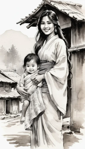 vietnamese woman,little girl and mother,mother with child,nomadic children,oriental painting,yunnan,pregnant woman icon,chinese art,mother-to-child,japanese woman,mother and child,capricorn mother and child,asian woman,tusche indian ink,mother with children,mother,korean history,viet nam,chinese icons,baby with mom,Illustration,Paper based,Paper Based 30