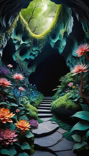 tunnel of plants,fairy world,fractal environment,heaven gate,fantasy picture,fairy forest,the mystical path,garden of eden,wonderland,secret garden of venus,hollow way,cartoon video game background,way of the roses,3d fantasy,fractals art,underground lake,descent,fairy village,forest of dreams,pathway,Illustration,Abstract Fantasy,Abstract Fantasy 08