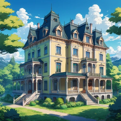 studio ghibli,country house,house painting,violet evergarden,country estate,victorian house,apartment house,private house,chateau,house in the forest,beautiful home,mansion,house in the mountains,house silhouette,doll's house,luxury property,tsumugi kotobuki k-on,country hotel,home landscape,house in mountains,Illustration,Japanese style,Japanese Style 03