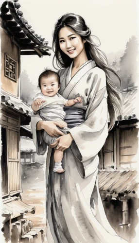 oriental painting,chinese art,korean culture,japanese woman,korean folk village,korean history,japanese art,little girl and mother,asian woman,mother with child,vietnamese woman,cool woodblock images,geisha girl,yunnan,bukchon,oriental girl,hanok,japanese culture,mother-to-child,geisha,Illustration,Paper based,Paper Based 30