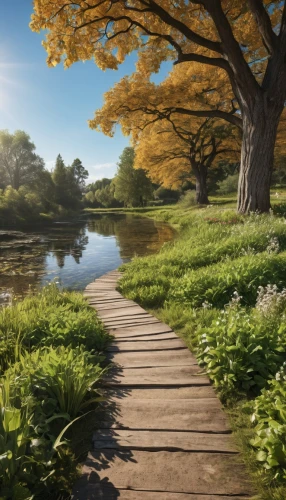 wooden path,pathway,wooden bridge,forest path,landscape background,3d rendered,salt meadow landscape,the mystical path,the path,idyllic,river landscape,meadow landscape,aaa,3d rendering,tree lined path,render,autumn idyll,hiking path,riverbank,beauty scene,Photography,General,Realistic