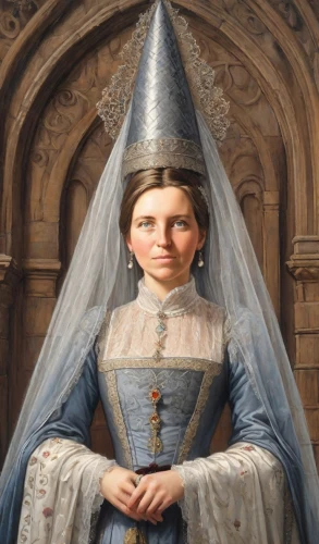 girl in a historic way,portrait of a girl,gothic portrait,mystical portrait of a girl,hoopskirt,veil,girl in cloth,portrait of a woman,miss circassian,conical hat,the prophet mary,portrait of christi,child portrait,girl in a long dress,girl with cloth,the hat of the woman,woman holding pie,young woman,female portrait,girl in a long,Digital Art,Comic