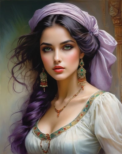 romantic portrait,fantasy art,mystical portrait of a girl,fantasy portrait,purple lilac,gypsy hair,romantic look,art painting,la violetta,comely,young woman,jasmine,victorian lady,gypsy soul,oil painting on canvas,purple rose,persian,rapunzel,oil painting,girl portrait,Illustration,Realistic Fantasy,Realistic Fantasy 16