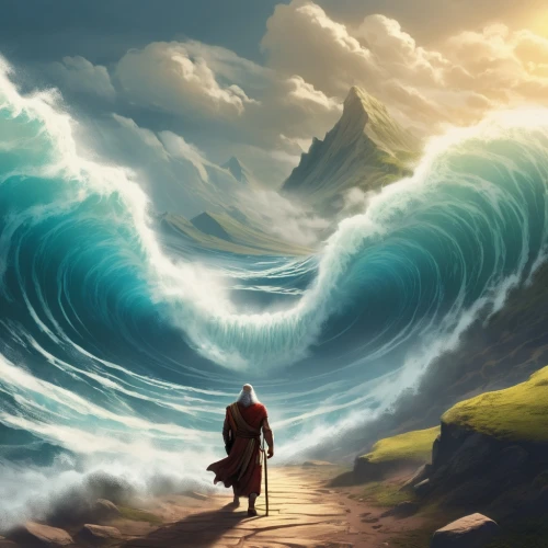 god of the sea,big wave,tidal wave,world digital painting,the wind from the sea,red sea,big waves,the endless sea,ocean waves,el mar,moses,sea god,ocean background,rogue wave,wind wave,japanese waves,poseidon,waves,man at the sea,sea storm,Conceptual Art,Fantasy,Fantasy 02