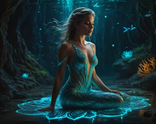 blue enchantress,fantasy picture,faerie,the enchantress,fantasy art,faery,water nymph,mermaid background,sorceress,mystical portrait of a girl,enchanted,bioluminescence,fantasy portrait,dryad,fantasia,water lotus,divination,fairy queen,world digital painting,elven,Photography,General,Fantasy