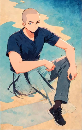 man on a bench,man at the sea,mousepad,bald,high-wire artist,isolated t-shirt,swimmer,sits on away,head stuck in the sand,art book,beach chair,the beach pearl,sea beach-marigold,men sitting,shirakami-sanchi,sea man,marine,acrylic,cross-legged,cross legged,Anime,Anime,Traditional