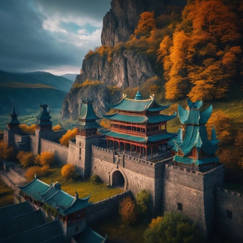 fantasy landscape,monastery,chinese temple,meteora,forbidden palace,hall of supreme harmony,fantasy picture,world digital painting,autumn background,autumn scenery,chinese architecture,autumn mountains,dragon palace hotel,asian architecture,stone palace,medieval castle,templar castle,chinese background,ancient city,fairytale castle,Photography,General,Fantasy