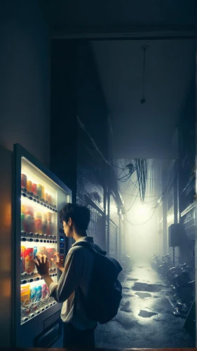 vending machine,convenience store,vending machines,grocery,soda machine,vending cart,arcade,refrigerator,consumerism,consumer,cold room,pantry,locker,game light,arcades,drawing with light,fridge,photomanipulation,deli,vapor