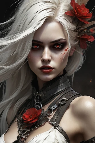 black rose hip,dark elf,black rose,red rose,queen of hearts,widow flower,elven flower,vampire woman,vampire lady,porcelain rose,fire red eyes,white rose snow queen,red roses,wild rose,noble roses,fantasy art,red petals,wild roses,fantasy portrait,noble rose,Illustration,Realistic Fantasy,Realistic Fantasy 05