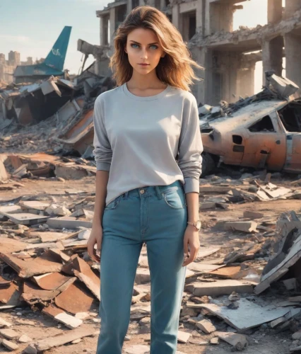 jeans background,sofia,demolition,photo session in torn clothes,rubble,delta,concrete background,denim background,concrete chick,high waist jeans,young model istanbul,model-a,bombed,destroyed city,menswear for women,female model,girl in t-shirt,scrapyard,on the ground,runway,Photography,Realistic