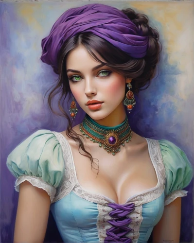 la violetta,victorian lady,fantasy portrait,fantasy art,romantic portrait,mystical portrait of a girl,art painting,oil painting,purple rose,oil painting on canvas,young woman,italian painter,purple lilac,portrait of a girl,girl portrait,watercolor women accessory,gypsy soul,meticulous painting,comely,boho art,Illustration,Realistic Fantasy,Realistic Fantasy 30