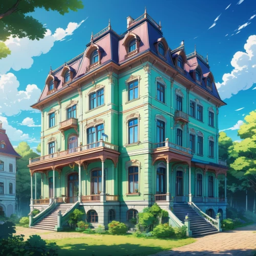 apartment house,studio ghibli,violet evergarden,tsumugi kotobuki k-on,apartment building,house painting,sky apartment,doll's house,an apartment,grand hotel,beautiful buildings,shared apartment,apartment block,old town house,residential,apartment complex,luxury property,appartment building,french building,chateau,Illustration,Japanese style,Japanese Style 03