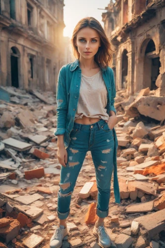 girl in a historic way,girl in overalls,photo session in torn clothes,girl walking away,young model istanbul,sofia,destroyed city,demolition,girl in t-shirt,rubble,city ​​portrait,girl with gun,strong woman,portrait background,pompeii,piazza di spagna,jeans background,a girl with a camera,ruin,milano,Photography,Realistic