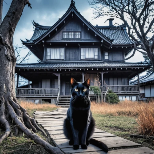jiji the cat,chinese pastoral cat,japanese architecture,domestic cat,japanese bobtail,halloween cat,witch house,magpie cat,asian architecture,house silhouette,stray cat,ancient house,osaka castle,matsumoto castle,cat image,street cat,auspicious,witch's house,cat warrior,samurai,Photography,General,Realistic