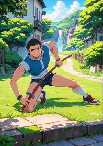 studio ghibli,matsuno,delivery service,brock coupe,summer background,lance,summer day,game art,archer,game illustration,mako,bastion,gobelin,kid hero,playmat,forager,on the grass,determination,grass blades,hiker,Anime,Anime,Traditional