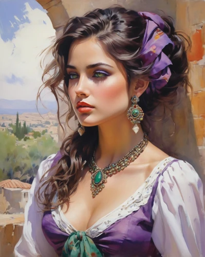 romantic portrait,italian painter,la violetta,fantasy art,persian,young woman,fantasy portrait,persian poet,emile vernon,oil painting,art painting,oil painting on canvas,radha,comely,victorian lady,fantasy picture,romantic look,girl in a historic way,mystical portrait of a girl,young lady,Conceptual Art,Oil color,Oil Color 09