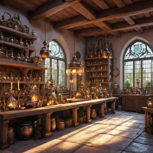 apothecary,potions,candlemaker,victorian kitchen,alchemy,pharmacy,medieval architecture,soap shop,kitchen interior,chemical laboratory,brandy shop,the kitchen,potion,cabinetry,pantry,cabinets,distillation,liquor bar,merchant,antiquariat,Photography,General,Realistic