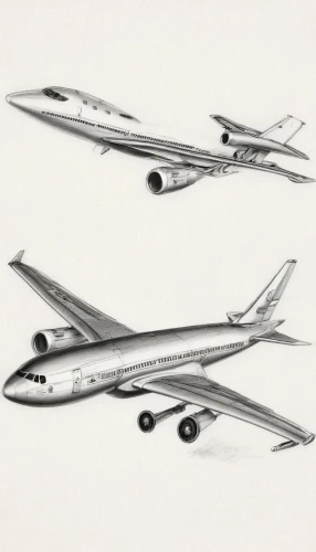 narrow-body aircraft,airliner,airplanes,rows of planes,planes,airlines,wide-body aircraft,boeing 2707,douglas dc-8,boeing 707,wingtip,shoulder plane,airplane paper,aircraft,boeing 727,airbus,mcdonnell douglas dc-9,boeing 377,supersonic aircraft,tail fins,Illustration,Black and White,Black and White 30
