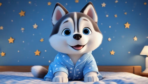 cute cartoon character,cute cartoon image,christmas movie,pajamas,wolf bob,husky,animated cartoon,winter background,pjs,olaf,silver fox,movie star,canidae,cute puppy,animal film,christmas snowy background,disney character,blue and white,snowflake background,furry,Unique,3D,3D Character