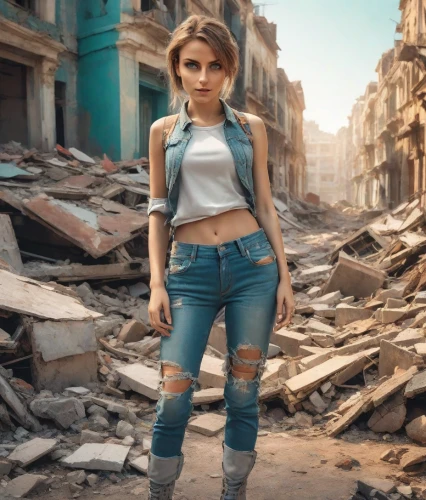 girl in overalls,sofia,jeans background,demolition,young model istanbul,post apocalyptic,girl in a historic way,destroyed city,havana,photo session in torn clothes,rubble,photoshop manipulation,construction worker,ripped jeans,girl walking away,samara,mumbai,fashionista,female model,berlin,Photography,Realistic
