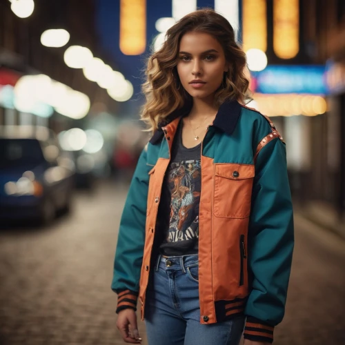 jean jacket,denim jacket,jacket,bolero jacket,leather jacket,sofia,parka,young model istanbul,photo session at night,street fashion,teal and orange,bomber,streetlife,girl in overalls,clover jackets,city ​​portrait,street life,retro girl,retro woman,fashion street,Photography,General,Cinematic