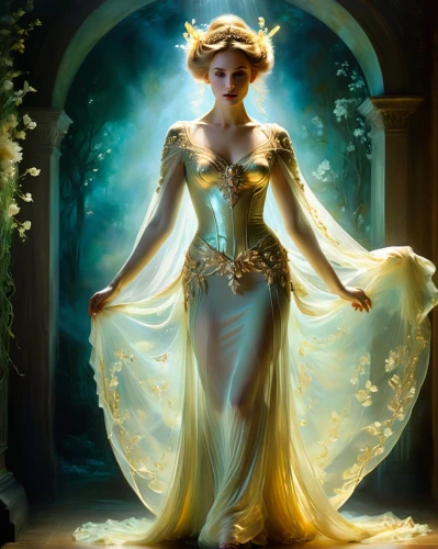 gold foil mermaid,fairy queen,queen of the night,sorceress,gold filigree,faerie,fantasy woman,faery,fantasy art,fantasy picture,the enchantress,golden crown,aphrodite,fantasy portrait,fairy tale character,the snow queen,gold yellow rose,lady of the night,yellow rose background,celtic woman,Photography,Fashion Photography,Fashion Photography 03