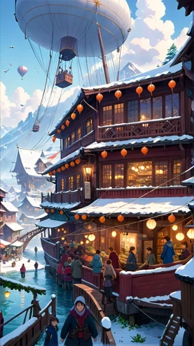 winter village,winter festival,ski resort,korean village snow,fishing village,harbor,floating huts,aurora village,alpine village,floating market,chinese background,fish market,popeye village,floating restaurant,alpine restaurant,christmas market,bazaar,snow scene,floating islands,resort town,Anime,Anime,Traditional