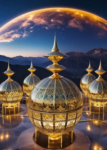 roof domes,planetarium,musical dome,spheres,golden pavilion,the golden pavilion,copernican world system,dome,burning man,islamic lamps,sky space concept,the globe,globes,dome roof,ramadan background,star mosque,stargate,alien world,earth station,futuristic landscape,Photography,General,Realistic