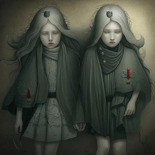 angels of the apocalypse,gothic portrait,porcelain dolls,gemini,sirens,two girls,witches,little girls,dolls,elves,spirits,angel and devil,in pairs,dark art,orphans,sci fiction illustration,joint dolls,seven sorrows,opposites,patients,Illustration,Realistic Fantasy,Realistic Fantasy 17