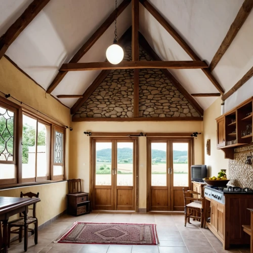 vaulted ceiling,roof lantern,breakfast room,wooden beams,stucco ceiling,wooden roof,concrete ceiling,wooden windows,home interior,timber house,cabin,tile kitchen,ceiling construction,kitchen interior,daylighting,gable field,country cottage,wood window,dandelion hall,reading room,Photography,General,Realistic