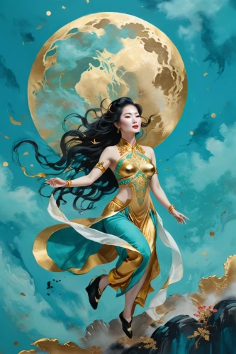 chinese art,mid-autumn festival,flying girl,oriental painting,the zodiac sign pisces,mulan,zodiac sign libra,oriental princess,xing yi quan,sci fiction illustration,little girl in wind,gold foil mermaid,chinese horoscope,fantasy art,the wind from the sea,fantasy picture,mermaid background,fairies aloft,horoscope libra,oriental girl,Photography,General,Cinematic