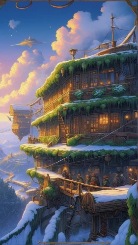 korean village snow,winter house,snow roof,tigers nest,aurora village,roof landscape,snowhotel,cartoon video game background,chinese background,meteora,ancient city,mountain settlement,ginkaku-ji,studio ghibli,fantasy landscape,tsukemono,ancient house,snow scene,alibaba,chinese clouds,Illustration,Japanese style,Japanese Style 05