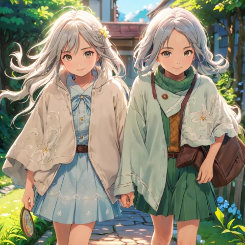 kimonos,two girls,fairies,children girls,hand in hand,cute clothes,tsumugi kotobuki k-on,bird robins,twin flowers,female hares,clover jackets,summer clothing,angels,hands holding,winter clothing,studio ghibli,spring background,country dress,partnerlook,anime japanese clothing,Anime,Anime,Traditional