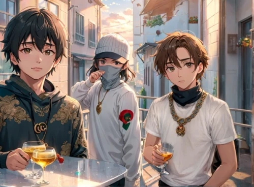 the three magi,knights,drinking party,holy 3 kings,anime japanese clothing,street cafe,holy three kings,drinks,kings,bird robins,violet evergarden,drinking,three kings,young birds,romano cheese,four seasons,glasses of beer,euphonium,anime cartoon,honolulu