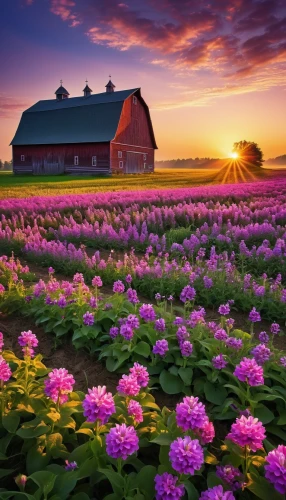 field of flowers,purple landscape,flower field,blooming field,flowers field,sea of flowers,flower in sunset,blanket of flowers,lavender field,splendor of flowers,meadow landscape,lavender fields,farm landscape,pink daisies,violet flowers,flower meadow,red clover,beautiful landscape,holland,pink grass,Photography,General,Realistic