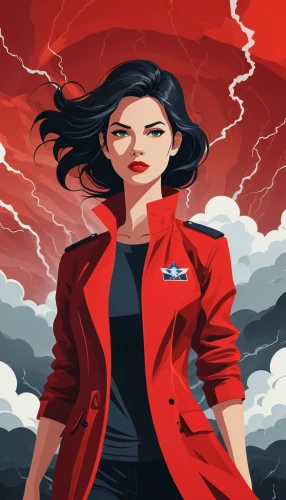 sci fiction illustration,on a red background,vector illustration,scarlet witch,red background,femme fatale,flight attendant,rosa ' amber cover,red super hero,meteorology,red coat,renegade,fire siren,vector art,thunderbird,red,monsoon banner,stormy,the storm of the invasion,business angel,Illustration,Vector,Vector 01