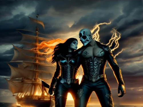 fantasy picture,tour to the sirens,fantasy art,warrior and orc,man and woman,sailing ship,heroic fantasy,man and wife,amorous,galleon ship,dark elf,ship,ghost ship,loving couple sunrise,the ship,galleon,star ship,predators,black couple,maiden