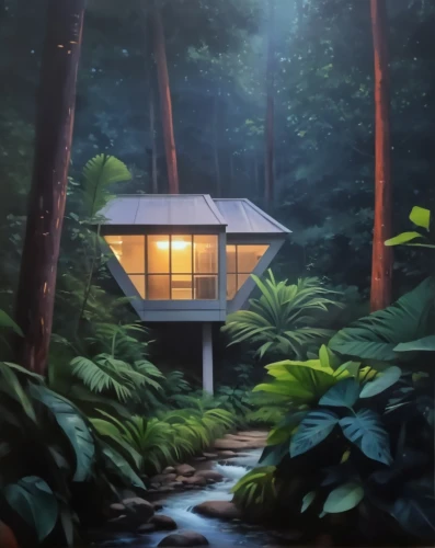 house in the forest,ryokan,tropical house,japanese-style room,japanese shrine,tree house hotel,treehouse,small cabin,tree house,small house,studio ghibli,world digital painting,forest chapel,little house,summer house,cube house,lonely house,japanese architecture,secluded,inverted cottage,Photography,General,Realistic