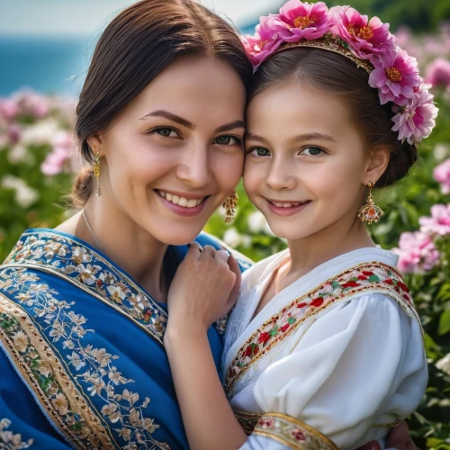 little girl and mother,ukrainian,mom and daughter,mother and daughter,beautiful girl with flowers,princess sofia,mother with child,girl in flowers,capricorn mother and child,eurasian,beautiful photo girls,baby with mom,russian folk style,two girls,children's fairy tale,russian traditions,tatarstan,mother and child,young women,children girls,Photography,General,Realistic