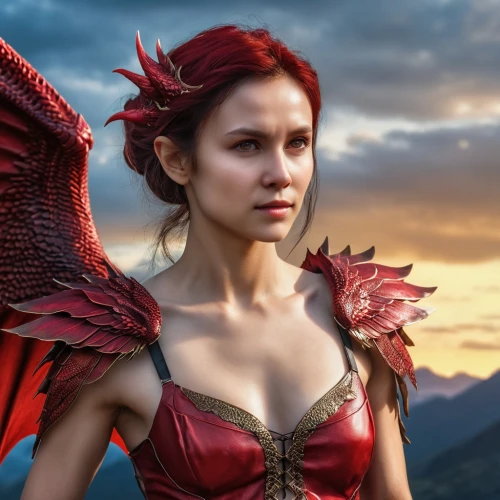 fantasy woman,fae,fire angel,heroic fantasy,fantasy art,winged heart,faery,fantasy portrait,fantasy picture,female warrior,winged,firebird,digital compositing,archangel,pixie,red chief,athena,red skin,warrior woman,gryphon,Photography,General,Realistic