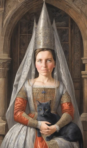 gothic portrait,cat european,medieval hourglass,portrait of christi,cat sparrow,girl in a historic way,portrait of a girl,the hat of the woman,girl with dog,cat image,the prophet mary,woman holding pie,cat portrait,girl with cereal bowl,portrait of a woman,girl with cloth,joan of arc,cat,praying woman,hieromonk,Digital Art,Comic