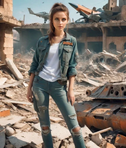 rubble,digital compositing,demolition,post apocalyptic,warsaw uprising,destroyed city,cleanup,lost in war,photo session in torn clothes,building rubble,rebel,solo,girl with a gun,cargo pants,home destruction,fighter destruction,war zone,girl with gun,children of war,fallout4,Photography,Realistic